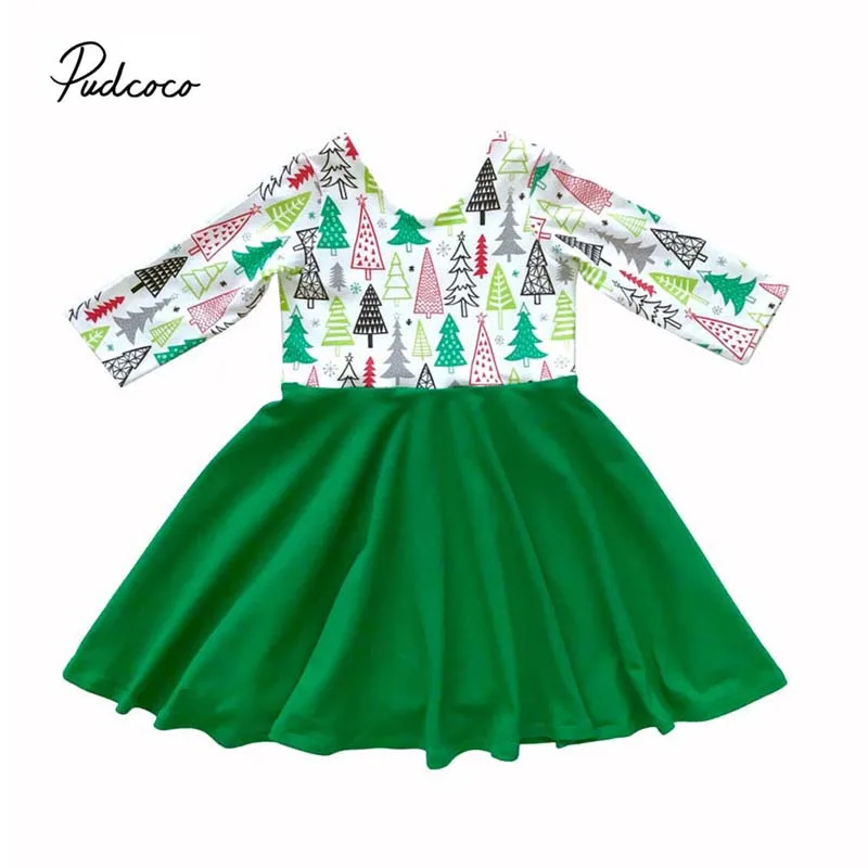 Детская одежда весна-осень Рождество Дети наряд для девочек Санта с деревом Одежда Футболка Топ с длинным рукавом платье От 1 до 5 лет