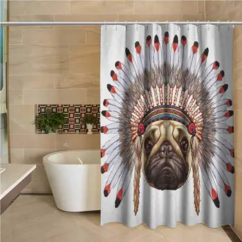 

Pug Precision Custom Shower Curtain Portrait of a Dog Native with Bonnet Hand Drawn Illustration of Fun Animals Design Modern
