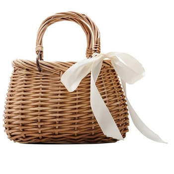 

Ribbons Bow Tie Top-Handle Wicker Bags String Rural Natural Casual Handmade Woven Rattan Bags Round Bow(Oval)