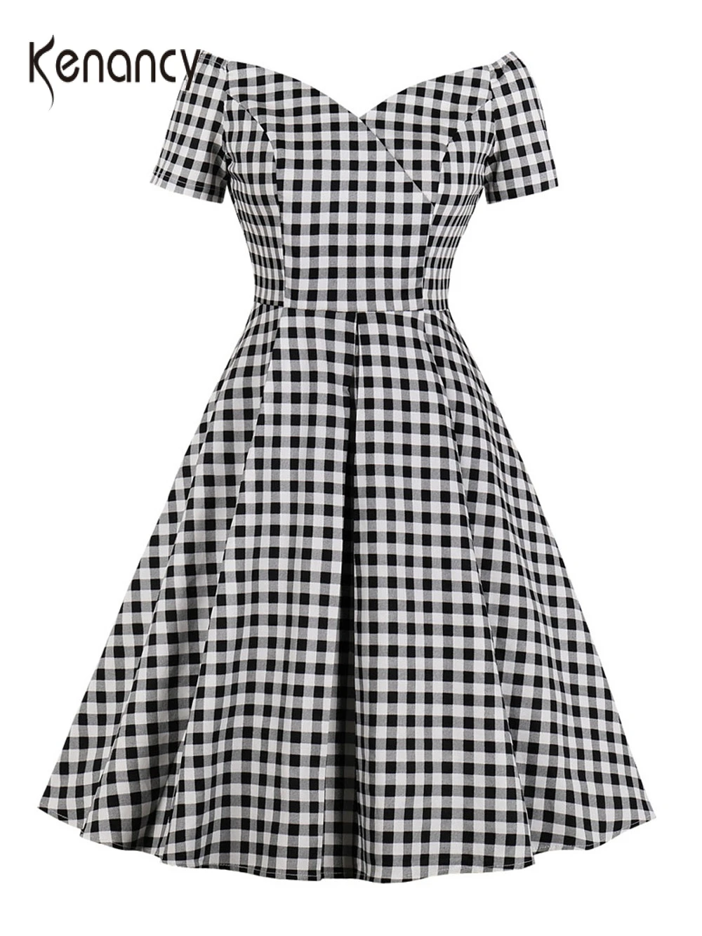 

Kenancy Women Sexy Retro Dress Summer Off Shoulder Plaid Pinup Swing Vintage Dress Checks Print Evening Party Rockabilly Dresses