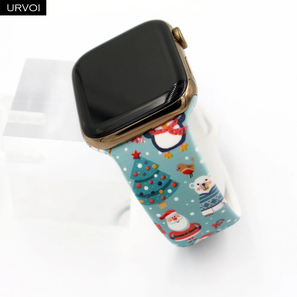 Спортивный ремешок с URVOI принтом для Apple Watch, серия 5, 4, 3, 2, 1, силиконовый ремешок с рождественским Сантой и снеговиком для iWatch, Рождественский подарок на запястье