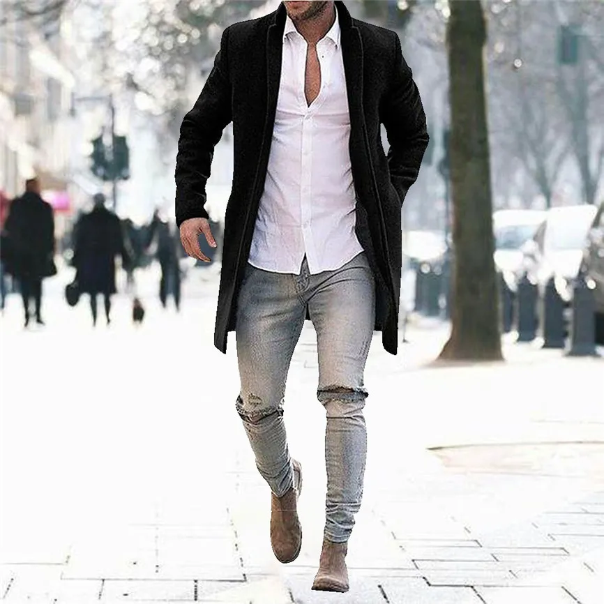 Осенние Длинные мужские тренчи повседневные толстые шерстяные свободные ветровки зимняя куртка винтажного размера плюс пальто 3XL
