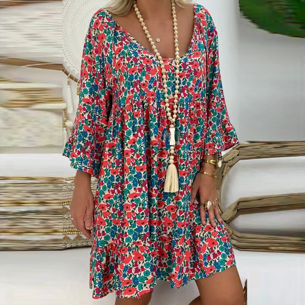 RD С длинным рукавом на лето свободное платье тонкий Boho Пляжные наряды Для женщин Туника Повседневное галстук-бабочка с v-образным вырезом платье миди с цветочным принтом размера плюс 5XL - Цвет: RD