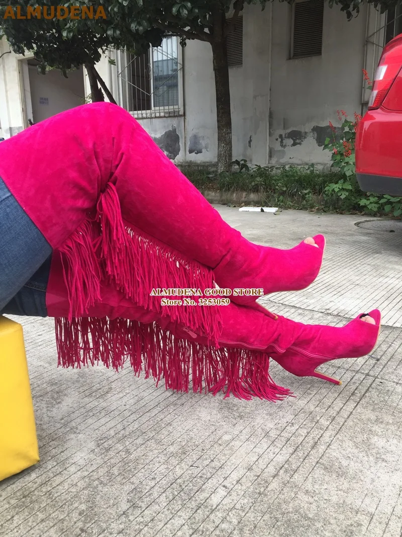 1909S1065 玫红色绒面鱼嘴过膝后流苏长靴 刘兴欢280 (5)