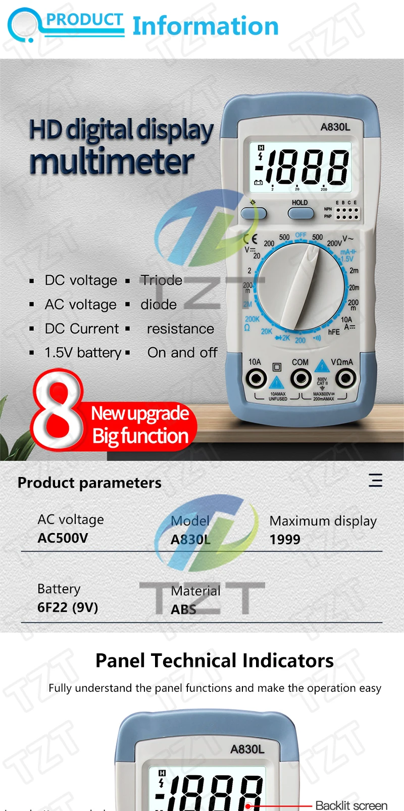 TZT 1/2 Stück A830L LCD Digitaler Strom-Spannungs-Tester Modul zur Erkennung von Gleich- und Wechselspannung sowie Frequenz – Detail 1