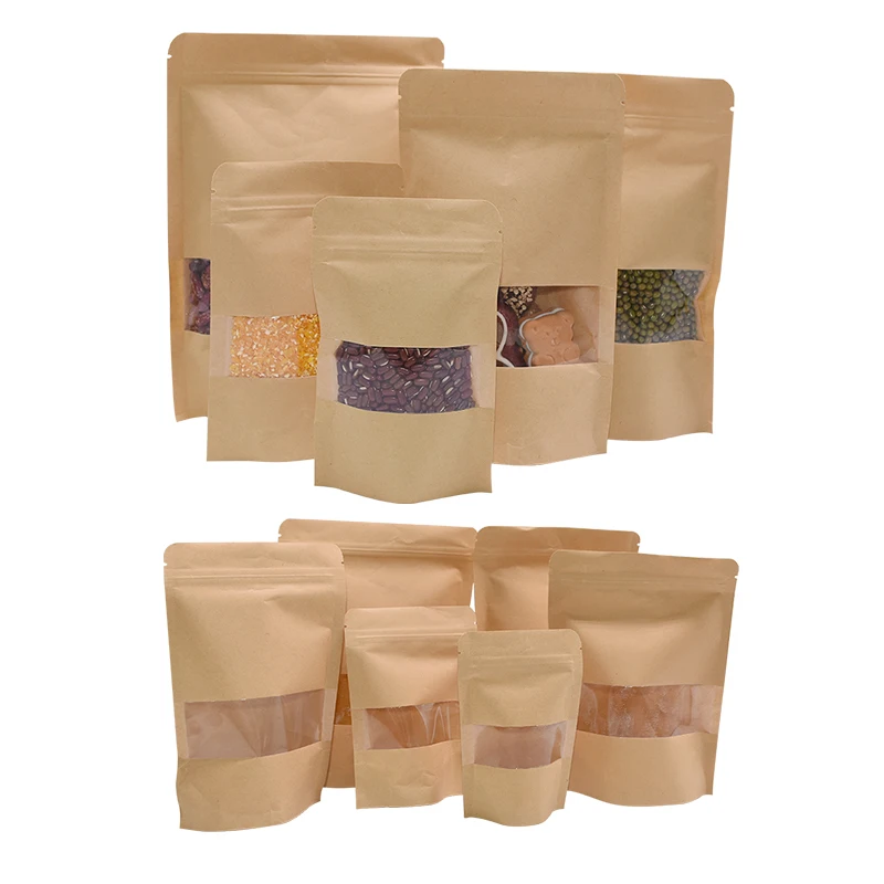 

10pcs Transparent Window Kraft Paper Bags Stand Up Pouches Tea Coffee Bean Gift Candy Wrapping Supplies Food Storage Zipper Bags