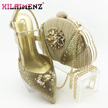 

2020 New Design Pointed Toe Sandals Italian Women Shoes and Bag to Match in Golden Color High Quality Nigerian Lady Party Shoes