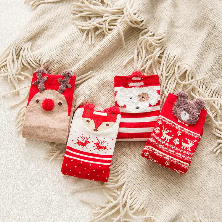 4 пары милых рождественских Красных Носков с изображением животных, лося и лисы, рождественский подарок, милые Kawaii, дышащие Хлопковые женские короткие носки