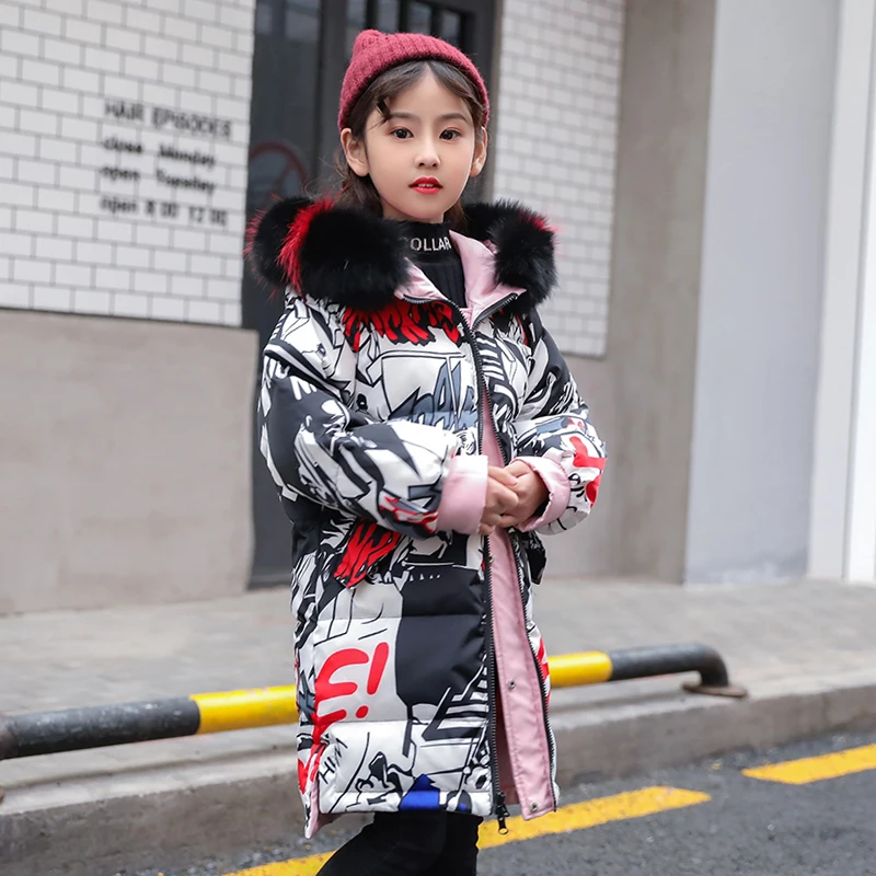 

-30 Degrees Girls Winter Jacket Cartoon Graffiti Hooded Down Jacket For Girls 5-16 Years Children Teenage Reversible Coat
