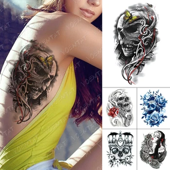 

Waterproof Temporary Tattoo Stickers Skull Yellow Butterfly Snake Feather Flash Tattoos Women Dark Body Art Fake Tatoo Men
