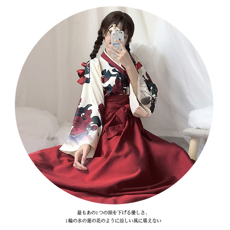 

Japanese Style Retro Kimono Haori Floral Print Long Sleeve Woman Girls Party Cosplay Dress Summer Fashion Outfit Bow Skirt Sale