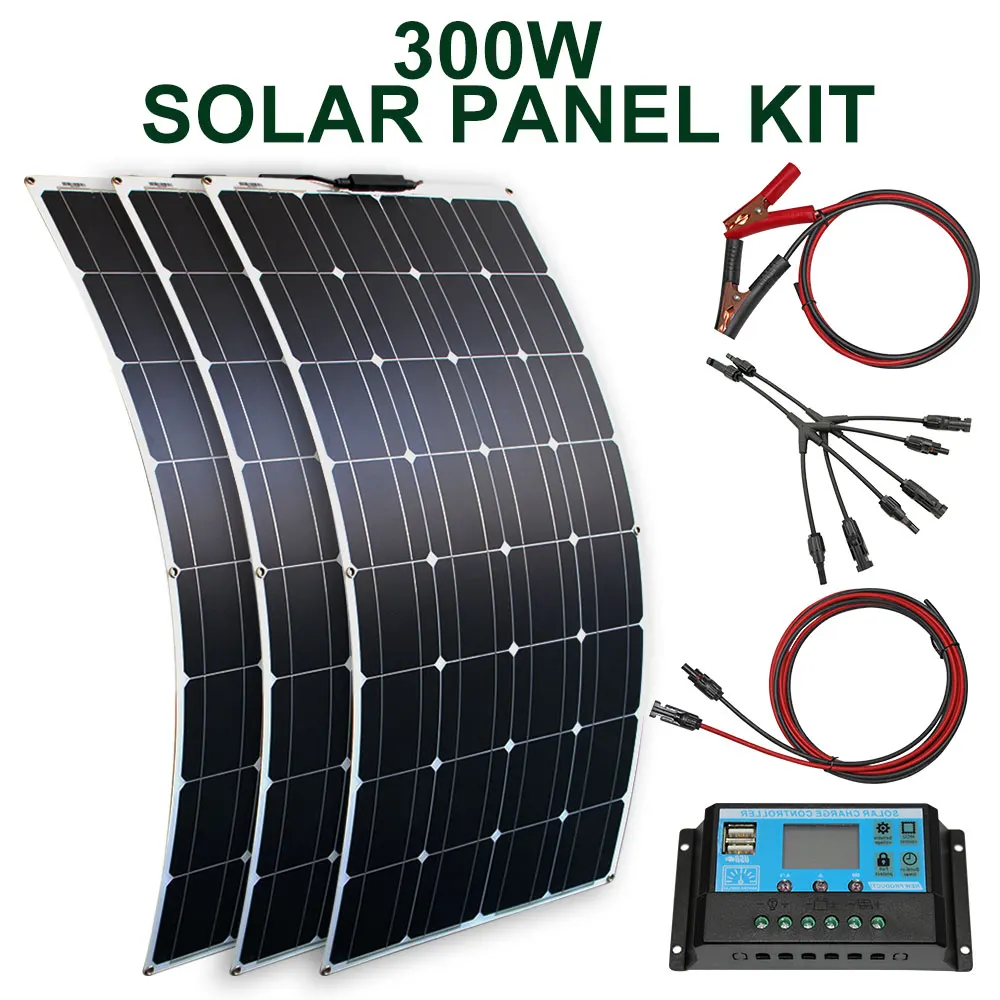 Painel solar kit e 300w 200w 100w flexível painéis solares 12v 24v