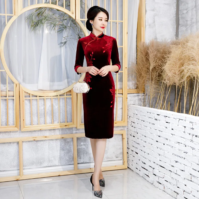 Женское платье для свадебной вечеринки, сексуальное, тонкое, Qipao, элегантное, на пуговицах, с высоким разрезом, с вышитыми цветами, Cheongsam, большие размеры 3xl 4xl Vestidos