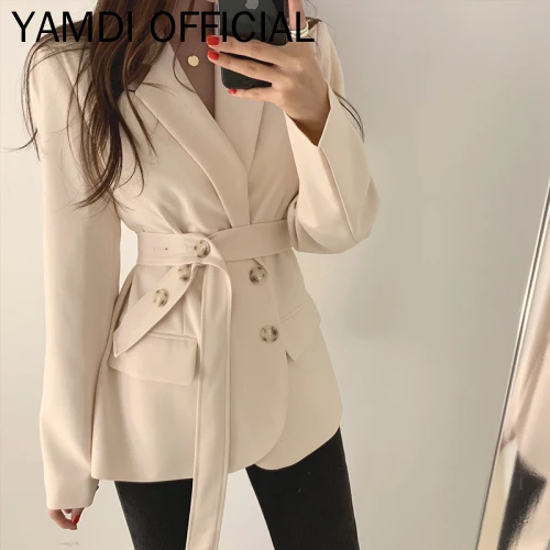 YAMDI осенне-зимний костюм Balzer корейский винтажный Блейзер Пальто Женский кружевной ремень Офисная Женская рабочая одежда блейзер верхняя одежда