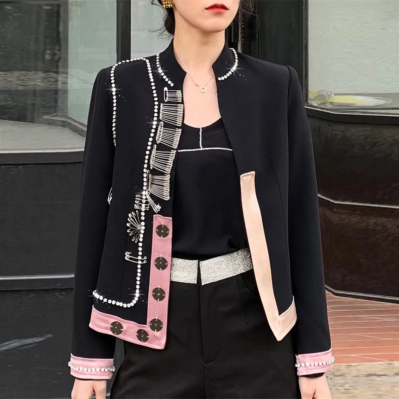

Fall Winter New Fashion 2019 Runway Women's Jackets and Coats Full Sleeve Buttons Diamonds Patchwork Pin Black Blazer Outerwear