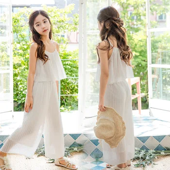 

Girls Summer Clothing Set Korean Big Girls Sleeveless Shirt and Wide Leg Pants Set Elegant Kids Two Piece Set for Girls, #1002