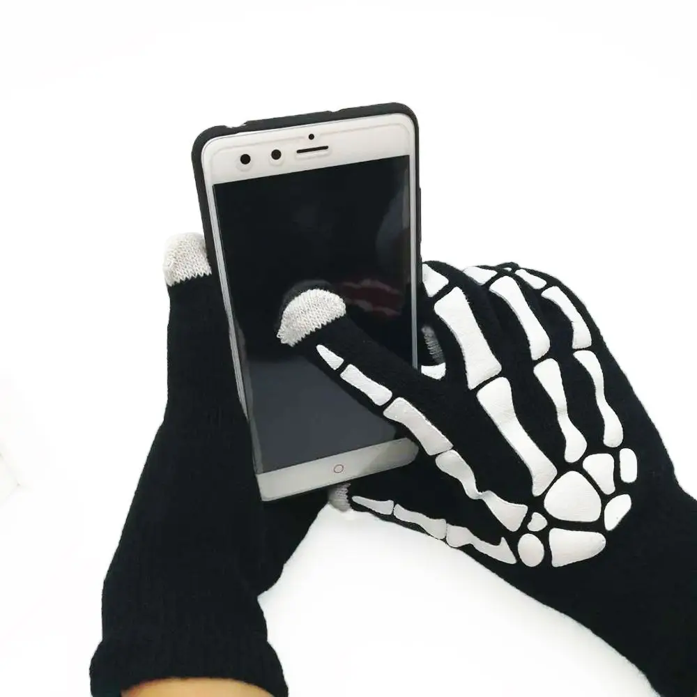 Унисекс Зимние теплые перчатки смешной сенсорный экран емкостная перчатка Череп Скелет Полный палец катание на лыжах перчатки для детей-подростков