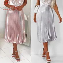 Элегантная женская плиссированная юбка для уличной моды, эластичная высокая талия, одноцветная юбка до середины икры, Женские Летние Осенние вечерние юбки