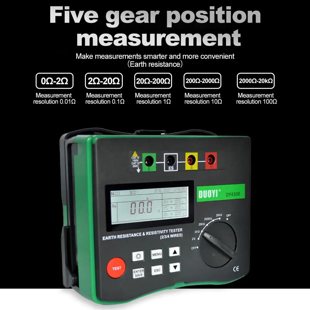 

DY4300 Digital Earth Resistance Tester 4-Terminal Ground Meggers Resistance Test and Soil Resistivity Component Tester