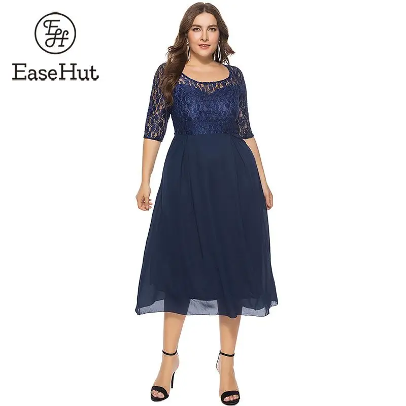 EaseHut женское длинное платье большого размера, шифоновое кружевное платье с заплатками и рукавом средней длины, элегантные вечерние платья большого размера, темно-синие/черные
