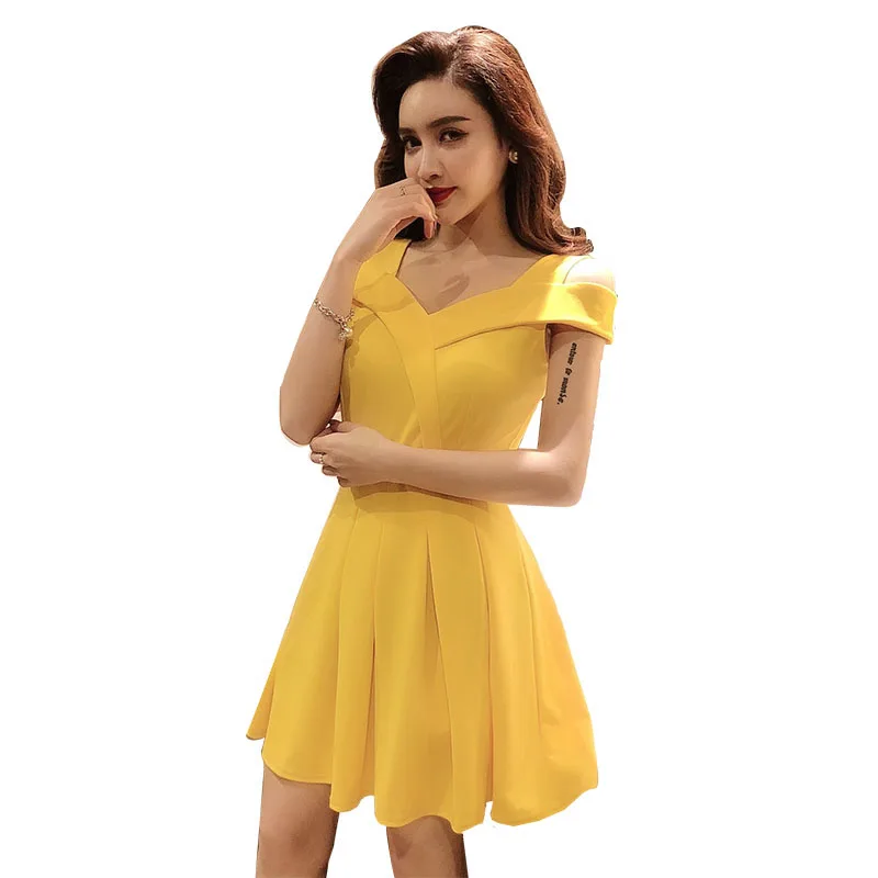 

Open Shoulder Sweet Party A-line Female 2019 Solid Short Sleeve Sexy Zipper A-line Solid Color Elegant Vestidos Women's Dresses