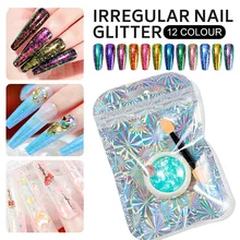

12 Colors Unicorn Irregular Foil Glitter Fancy Chrome Flake Dreamy Mermaid Flashing Fragile Glitter Holo Aurora Nail Opalglitter