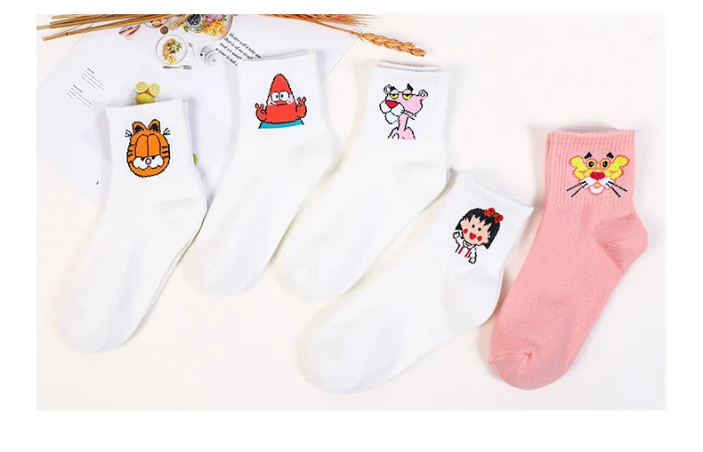 5 пар хлопковых носков с героями мультфильмов Harajuku, милые женские носки унисекс для скейтборда, модные носки с принтом животных