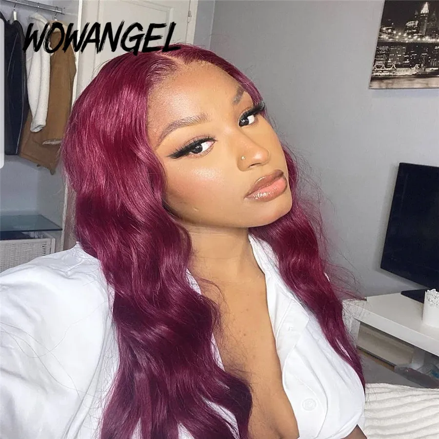

Wowangel Burgundy Lace Front Wig 99J colored 13*6 Lace Front Human Hair Wigs Pre Plucked Remy Brazilian Wavy Wigs for Woman