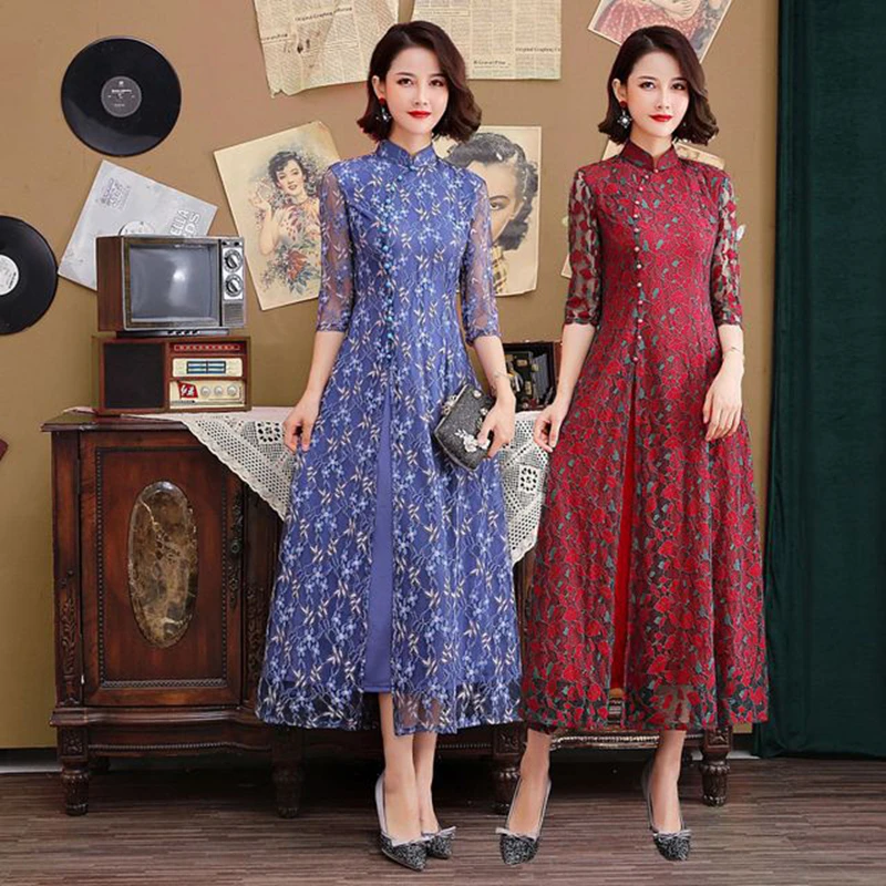 

Large size middle-aged and elderly Lace Ao dai cheongsam skirt vestidos new wedding mom long cheongsam new Chinese skirt dress