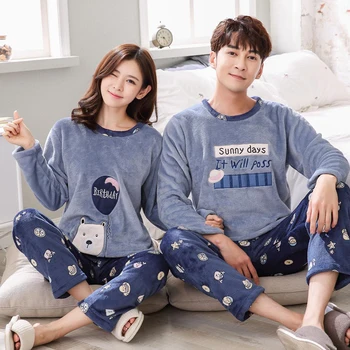 

Harrill Autumn Winter Flannel Couple Pajamas Set Warm Plus Size Home Pajamas 2PCS Cartoon Pattern Women Men Sleepwear Nightwear