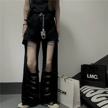 

Summer New Harajuku Black High Waist Jeans Pants Women Hip-hop Street High Waist Ripped Beggar Pants Straight Loose Jean Trend