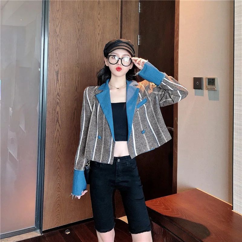 

2019 New Style Autumn Hong Kong Flavor Stripes Cowboy Joint Short Coat Women's Loose-Fit Long Sleeve Slimming Online Celebrity C