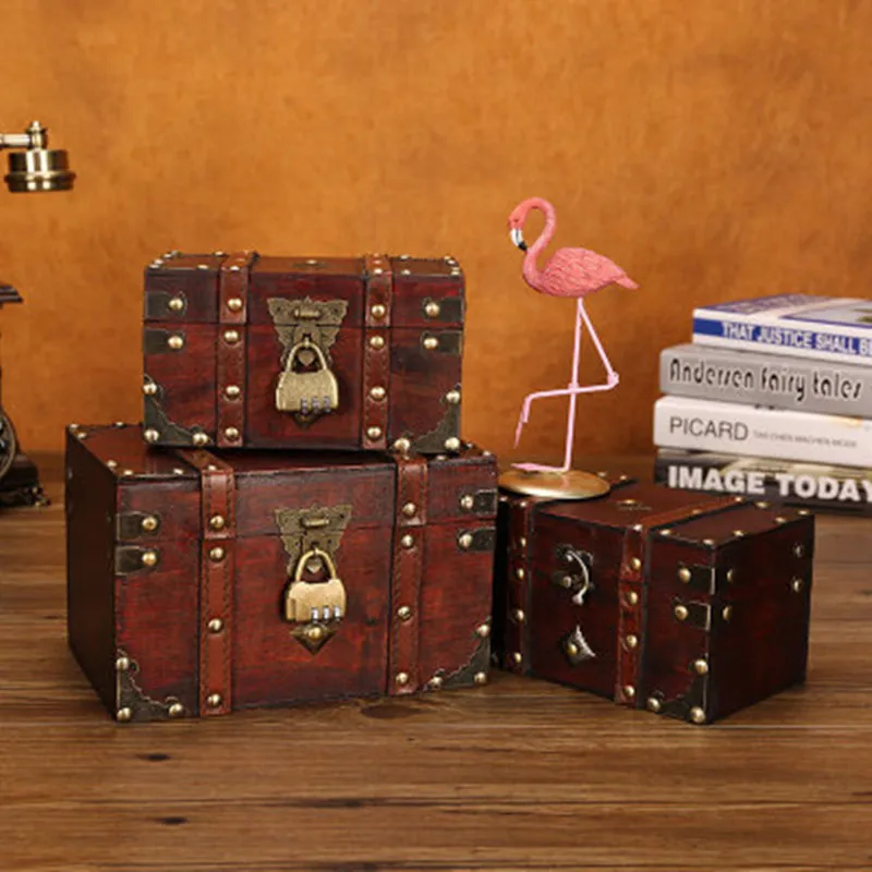 Ретро Сундук с замком, винтажная деревянная коробка для хранения, античный стиль, органайзер для украшений, для гардероба, ювелирная коробка, безделушка