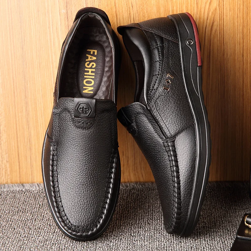 Genuine Leather Men's Casual Shoes Fashion Mens Loafers Flats Breathable Slip on Black Formal Dress Shoes Breathable