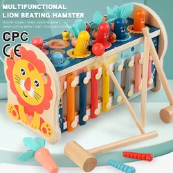 Lion multifonction whac a taupe pour bébé, jeu de capture d'insectes et de tirage au radis, Xylophone 8 tons, jouet éducatif en bois pour enfants 