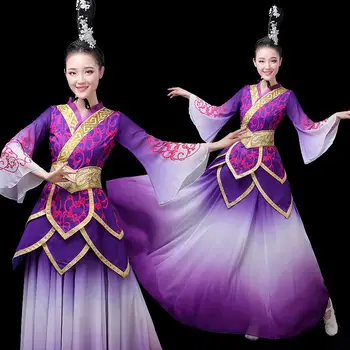 

Hanfu female elegant and gradual change color classical dance performance Chinese ancient vintage Tang fairy group dress