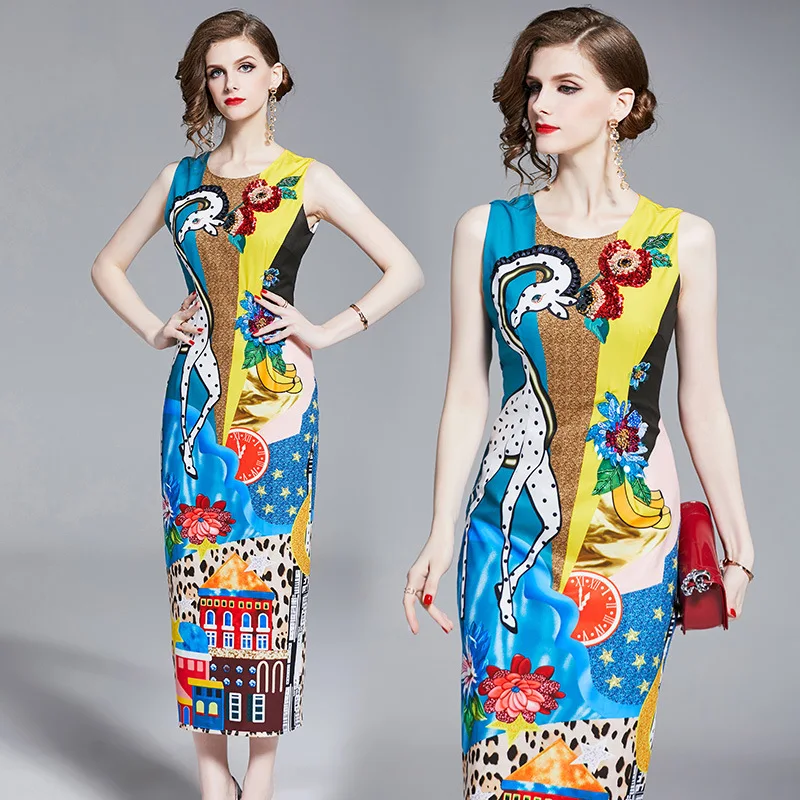 

2019 Spring And Summer New Style Europe And America Women's Dress Diamond Set Beads Sequin Slit Vest Dress Waist Hugging Floral