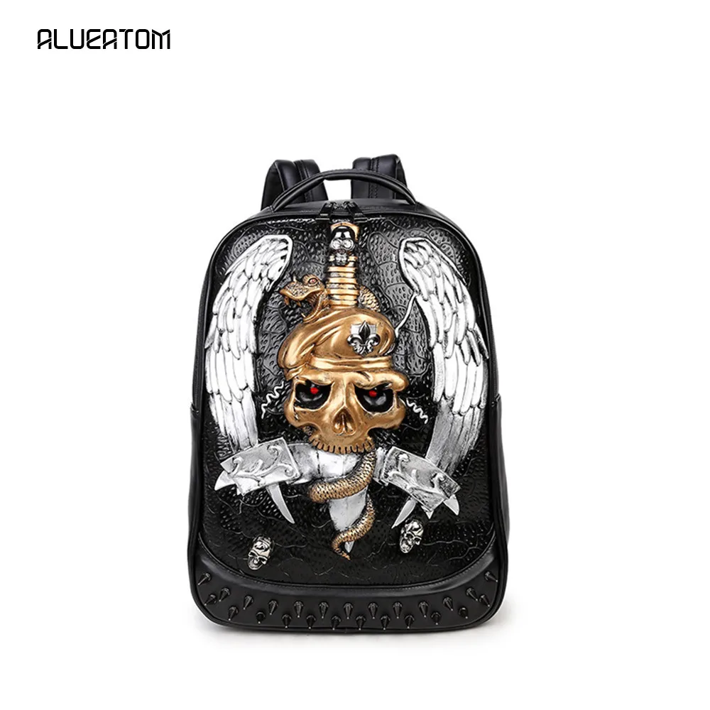 

Men Backpack Rivet 3D Skull Sword Embossed Shoulder double back Bag Travel Restore Halloween Cool alligator Leather laptop Bags