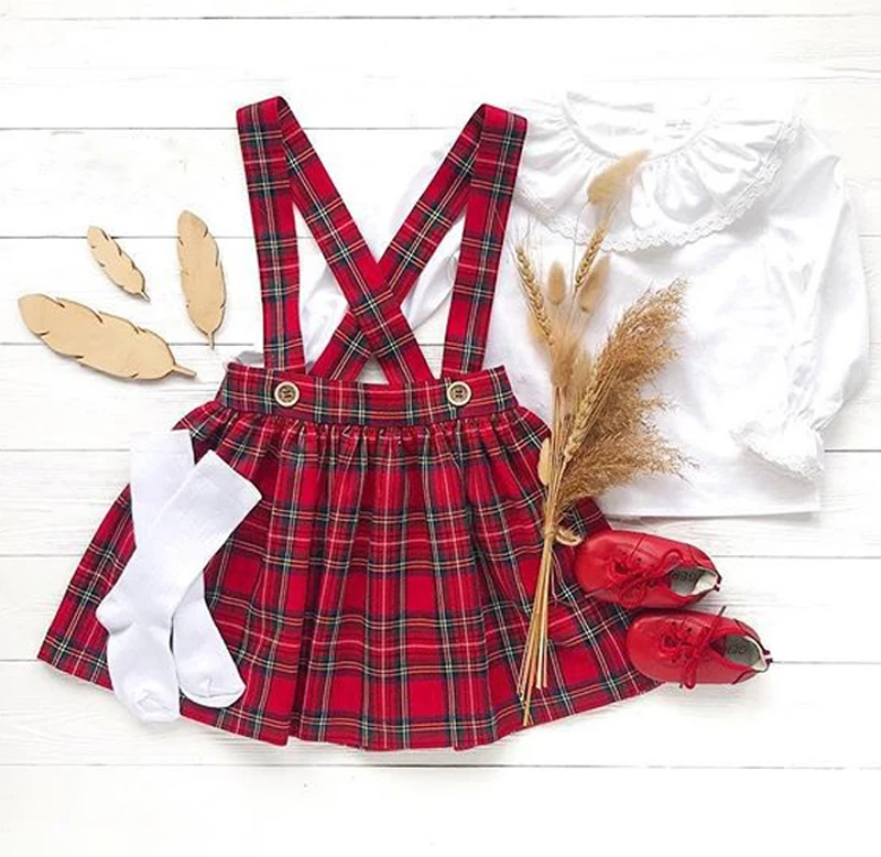 2Pcs Christmas Outfit Toddler Baby Girl Clothes Ruffle Long Sleeve Top+ Plaid Strap Skirt Free Shipping