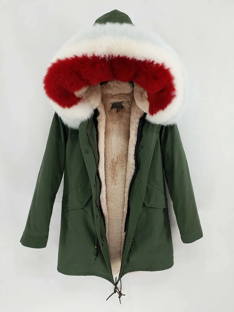 green no cuffs Зимняя куртка женская длинная парка натуральный Лисий меховой капюшон, воротник пальто Верхняя одежда Съемная уличная Новая мода - Цвет: green no cuffs