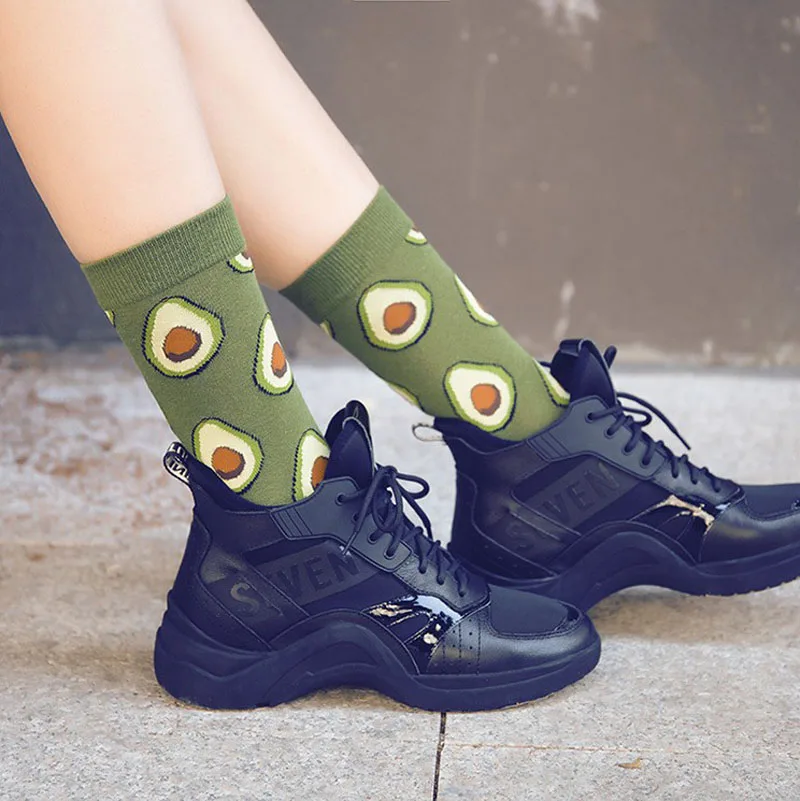Забавные женские носки с тропическими фруктами в Корейском стиле, милые носки в стиле хип-хоп с лимоном, авокадо, жареными яйцами, бананом, печеньем, пончиком, презентационные носки