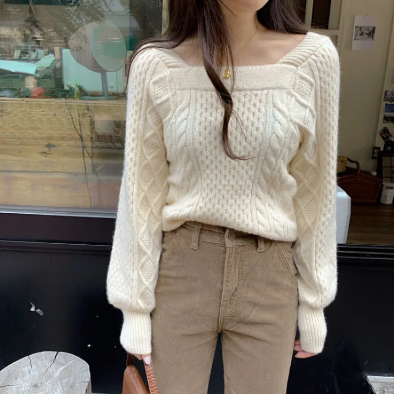 Korean square neck dew collarbone thickened warm knitted sweater female Korean square neck dew collarbone thickened warm knitted sweater female
