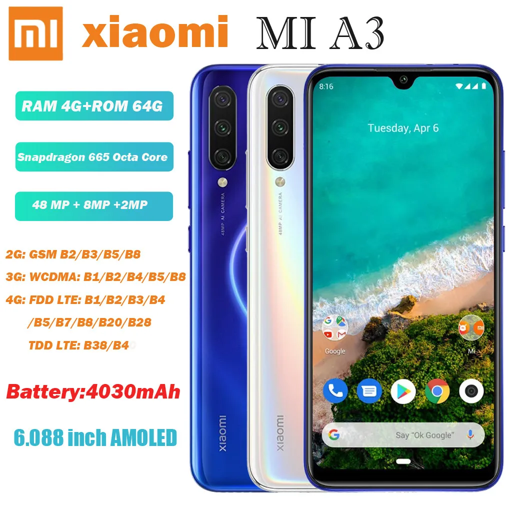 Лучший PriceXiao mi A3 6,088 дюймов AMOLED 48MP Тройная задняя камера 4 Гб 64 Гб 4G Смартфон Высокое качество покупки