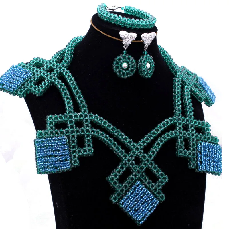 

4uJewelry Teal Green Jewelry Set African Wedding Jewellery Handmade Beaded Nigerian Bridal Set of Jewelry 2020 Fashion Necklace