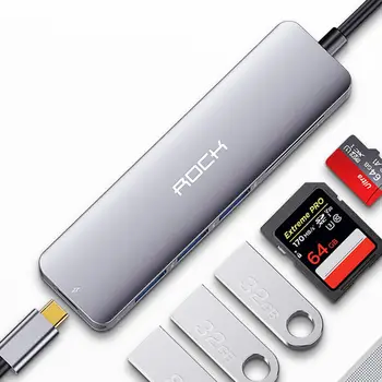 

ROCK 6 IN 1 USB-C To 3*USB3.0 TF SD Card Slot PD Fast Charging Adapter HUB For MacBook MateBook ThinkPad universal mobile phone