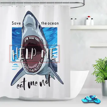 

Bathroom Polyester Fabric Shower Curtain Set Horror Cannibal Shark "HELP ME"