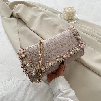 

Fashion Exquisite Shopping Bag Portable Women Nylon Shoulder Bag Pleated Pearl Decor Handbags Lady Party Clutch