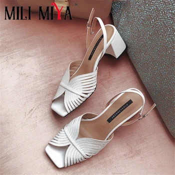 

MILI-MIYA New Design Women Party Dress Shoes Cow Leather Sandals Square Toe Buckle Strap Square Heels White Color For Ladies