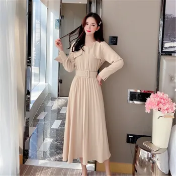 

2020 Elegant Women Spring Long Sleeve Casual Dress Korean Pleated Dress With Belt Mid Length Dresses Party dress Vestidos D517
