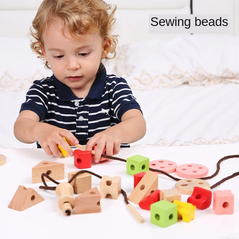 Wooden children's puzzle shape cognitive hand-eye coordination DIY sewing beaded toy rope stringing building block gift